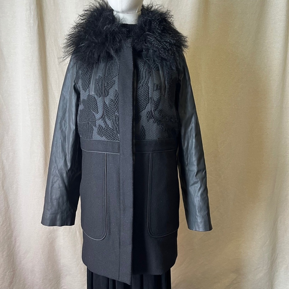 Athe Vanessa Bruno Mongolian Lamb Fur Collar Coat Black Coat Sz‎ 36 Designer